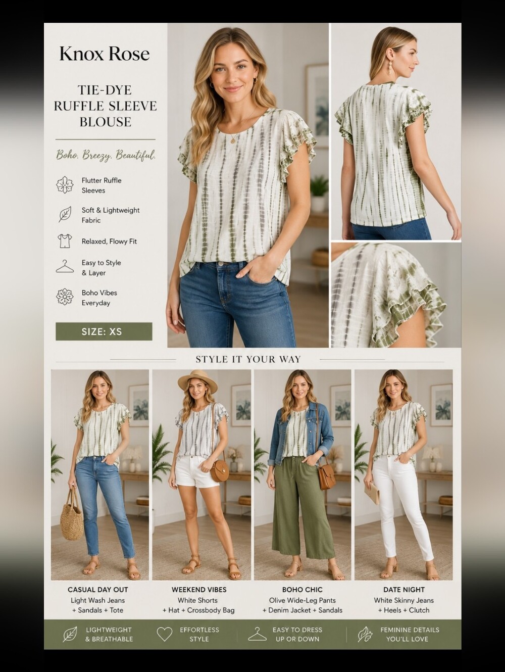 Knox Rose ~ Tie-Dye Ruffle Sleeve Blouse | Boho Flutter Top XS